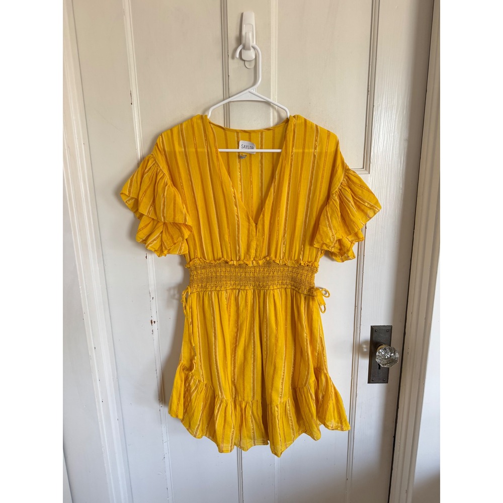 Saylor Adrianne Ruffle-Sleeve Mini Dress in yellow with metallic bronze stripes